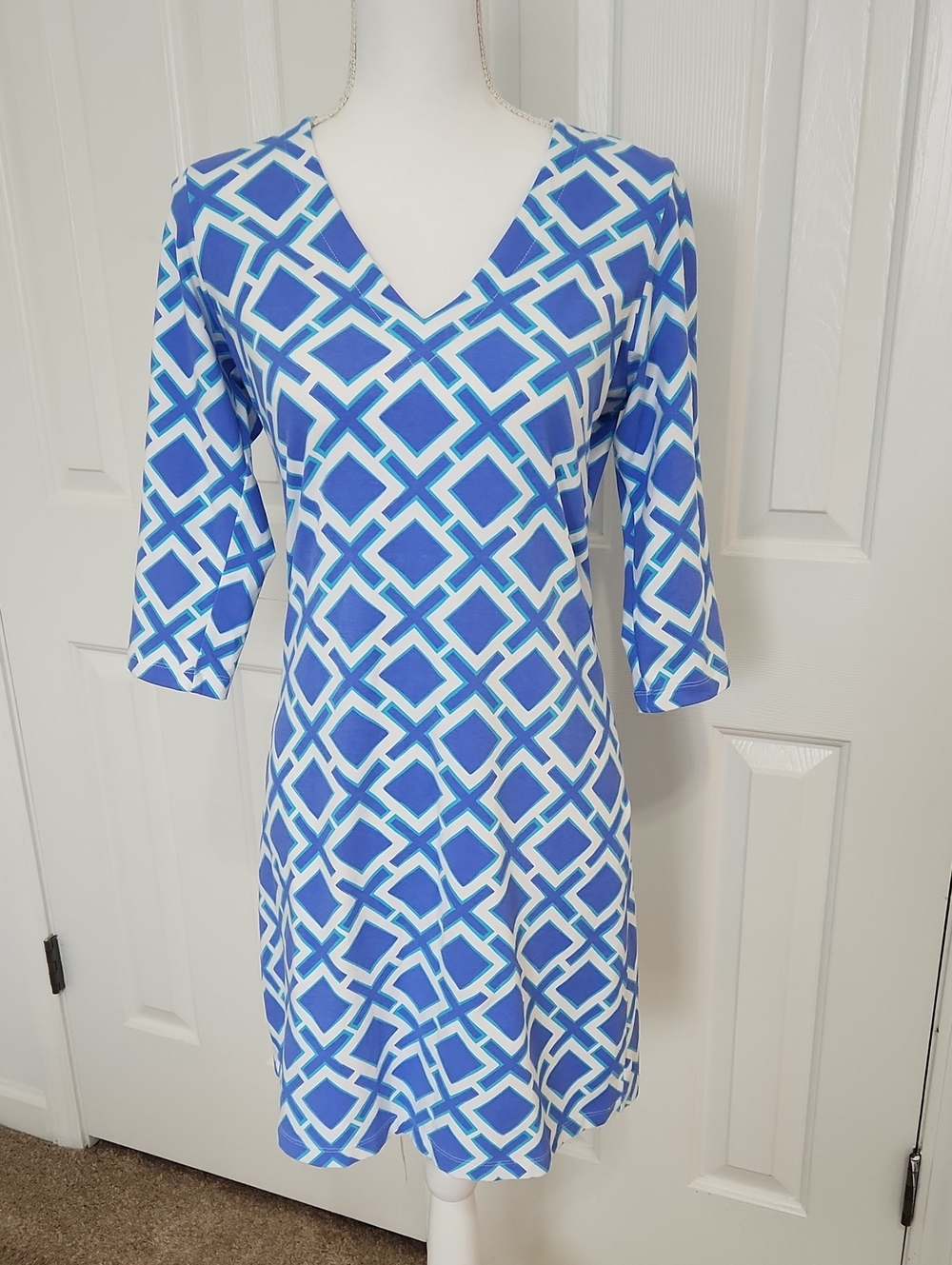Mahi Gold Geometric Dress 3/4 Sleeves S Coastal Travel Resortwear Mediterranean